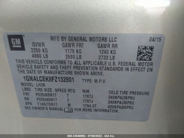 2015 Chevrolet Equinox, VIN: 1GNALCEK8FZ132801