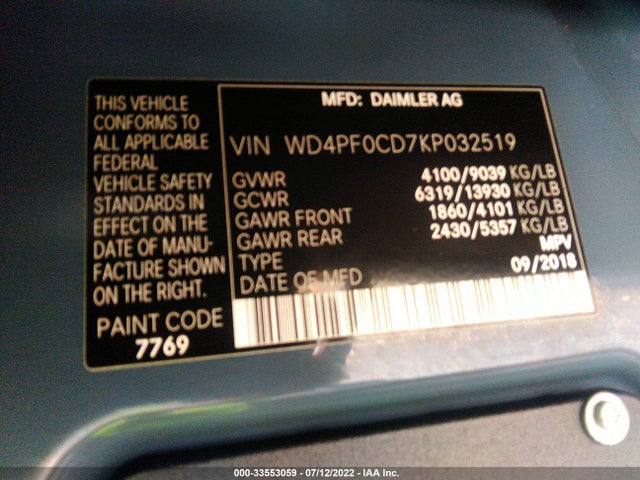 2019 Mercedes-Benz Sprinter, VIN: WD4PF0CD7KP032519