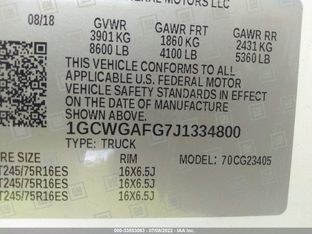 2018 Chevrolet Express, VIN: 1GCWGAFG7J1334800