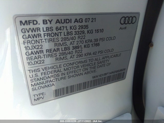 2022 Audi Q8, VIN: WA1EVBF14ND003626