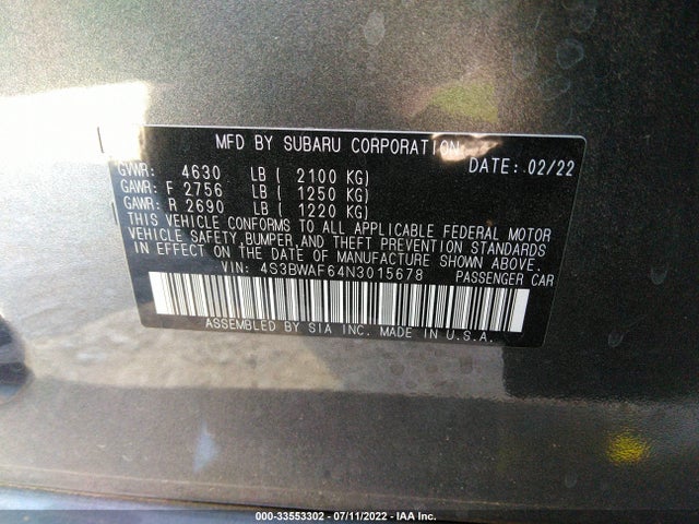 2022 SUBARU LEGACY PREMIUM VIN: 4S3BWAF64N3015678