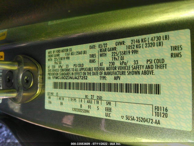2022 Ford Escape, VIN: 1FMCU9DZ3NUA27252