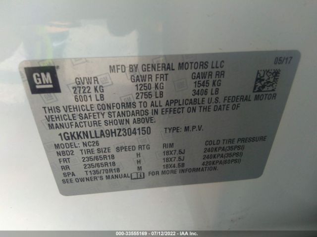 1GKKNLLA9HZ304150 GMC ACADIA SLE