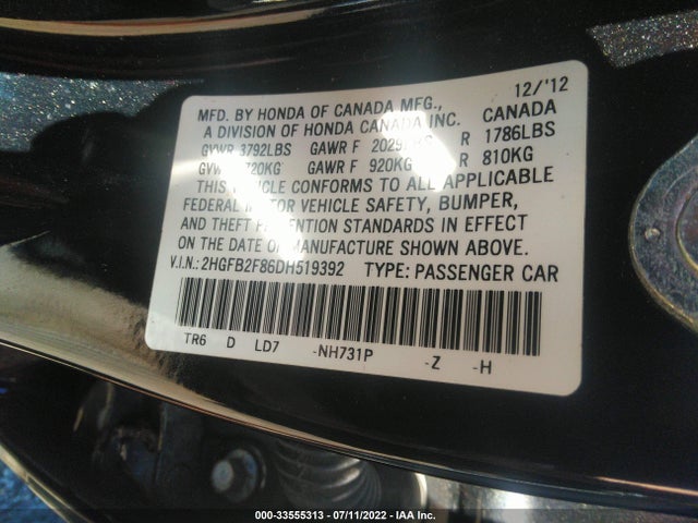 2013 HONDA CIVIC SDN EX VIN: 2HGFB2F86DH519392