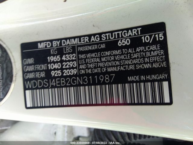 WDDSJ4EB2GN311987 Mercedes-Benz Cla Cla 250