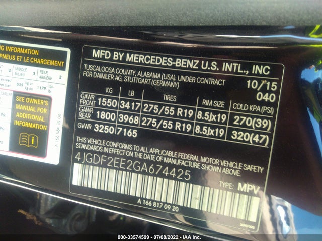 2016 Mercedes-Benz GL-Class, VIN: 4JGDF2EE2GA674425