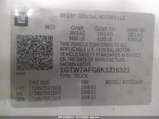 2019 GMC Savana, VIN: 1GTW7AFG6K1316323
