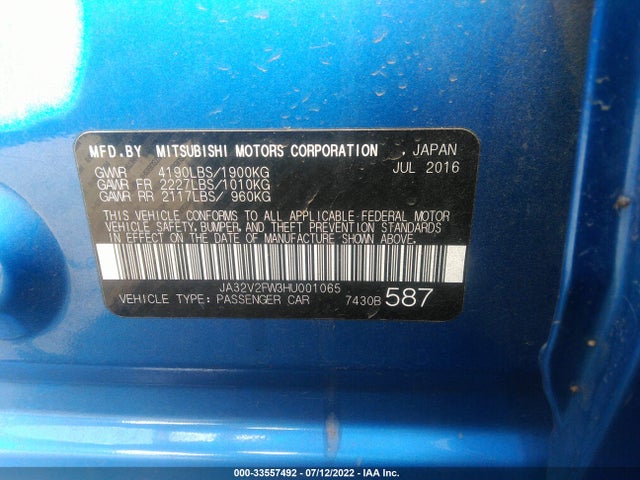2017 Mitsubishi Lancer, VIN: JA32V2FW3HU001065