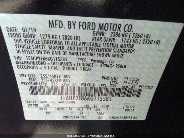 2019 Ford Taurus, VIN: 1FAHP2F86KG115385