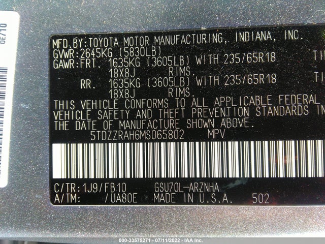 2021 Toyota Highlander, VIN: 5TDZZRAH6MS065802