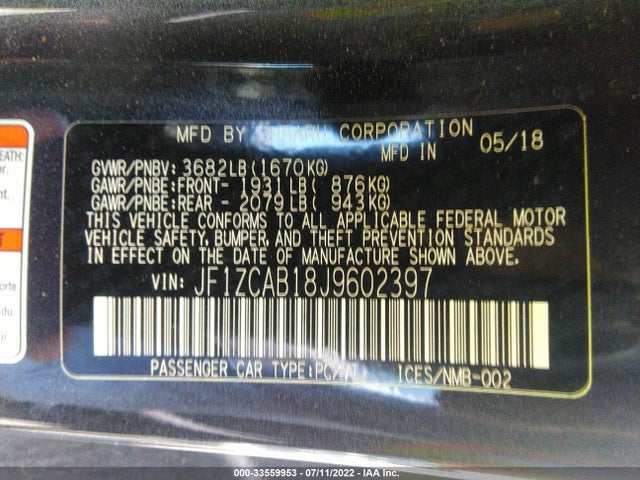 2018 Subaru BRZ, VIN: JF1ZCAB18J9602397