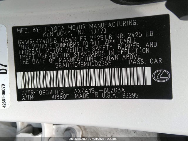 2021 Lexus ES, VIN: 58AD11D19MU002355
