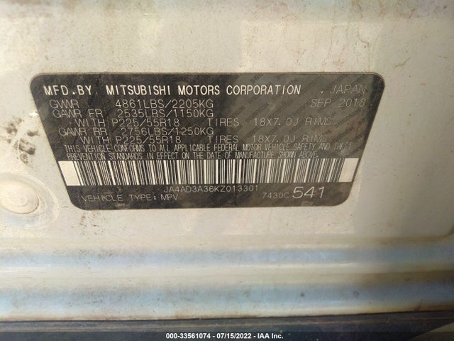 2019 Mitsubishi Outlander, VIN: JA4AD3A36KZ013301