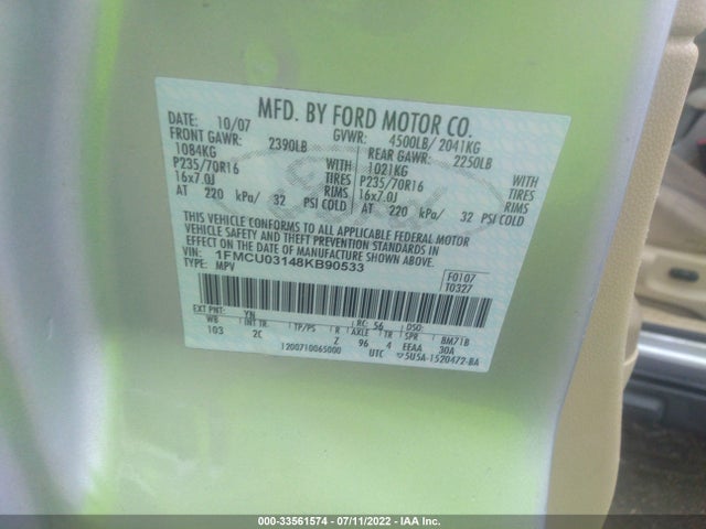 2008 FORD ESCAPE XLT VIN: 1FMCU03148KB90533