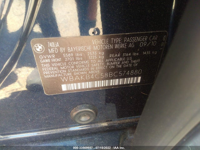 2011 BMW 7 SERIES 740LI VIN: WBAKB4C58BC574880