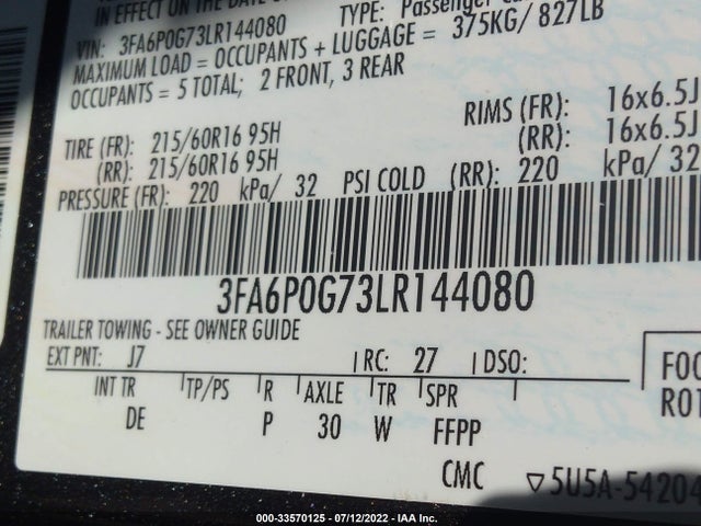 2020 FORD FUSION S VIN: 3FA6P0G73LR144080