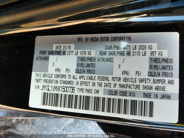 2019 Mazda 6, VIN: JM1GL1VMXK1500736