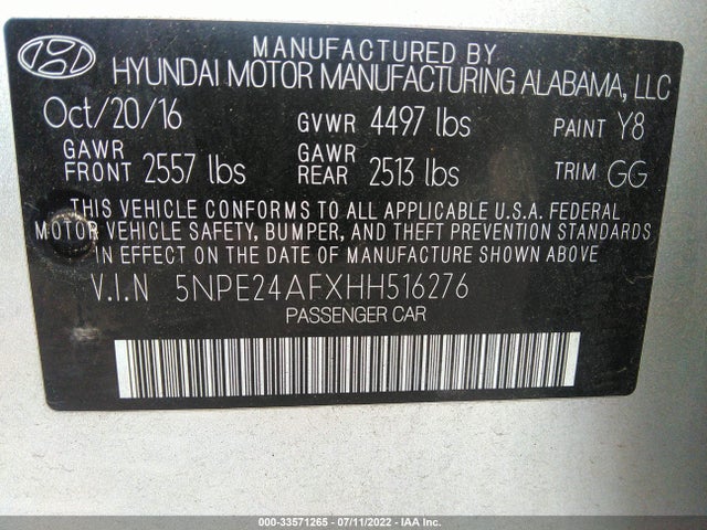 2017 HYUNDAI SONATA 2.4L VIN: 5NPE24AFXHH516276
