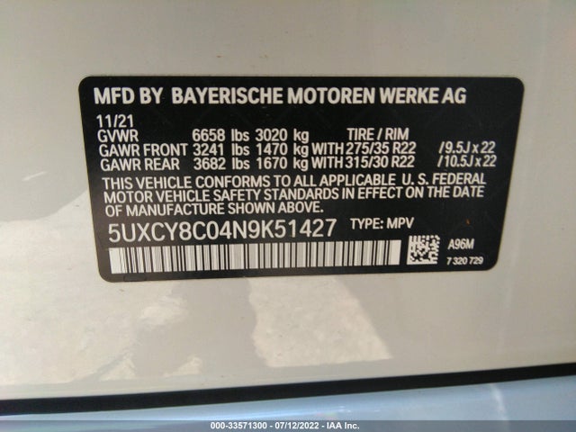 2022 BMW X6, VIN: 5UXCY8C04N9K51427
