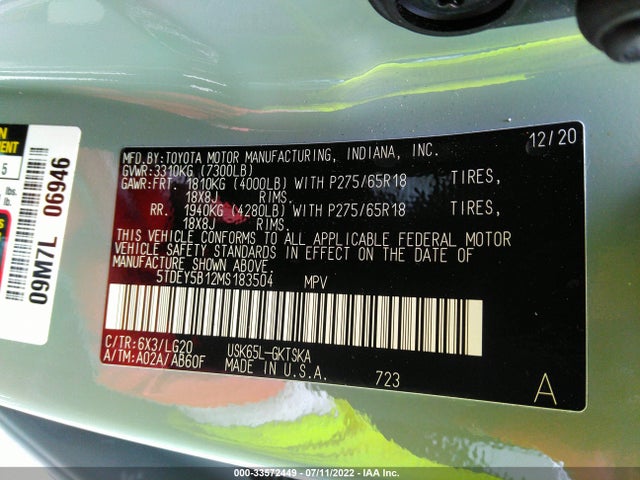 2021 Toyota Sequoia, VIN: 5TDEY5B12MS183504