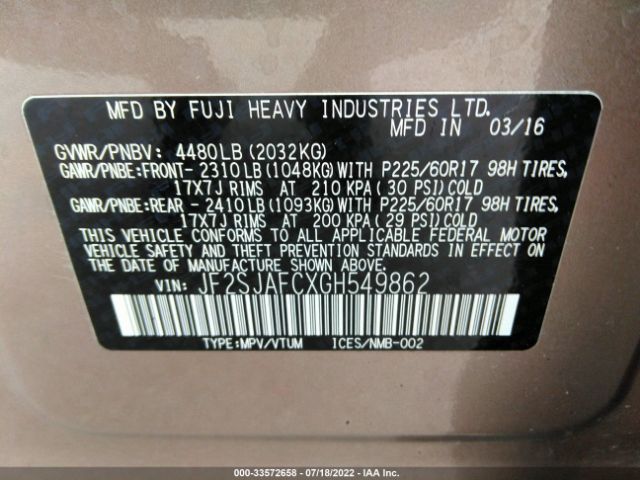 JF2SJAFCXGH549862 Subaru Forester 2.5i Premium