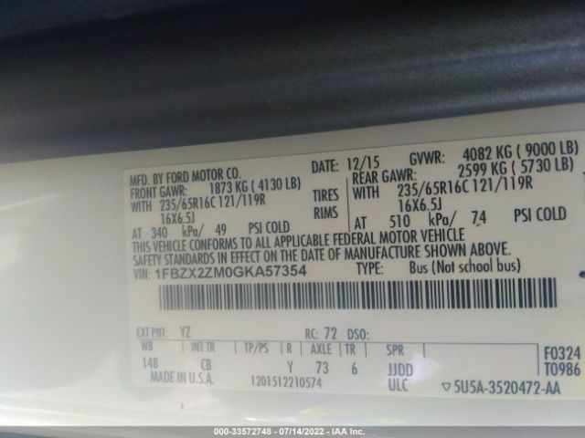 1FBZX2ZM0GKA57354 Ford Transit Wagon Xl/xlt