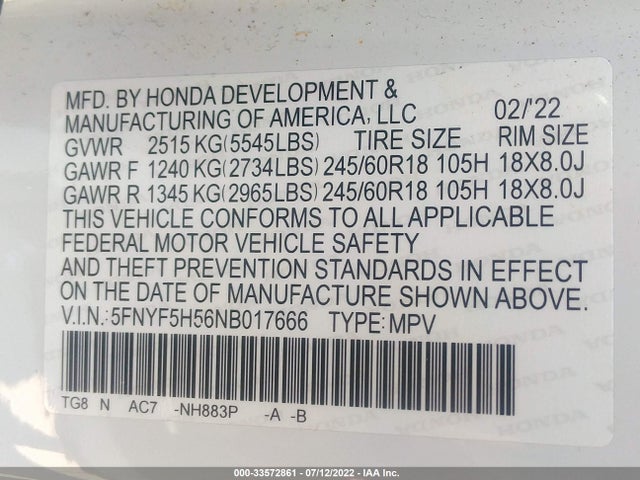 2022 HONDA PILOT EX-L VIN: 5FNYF5H56NB017666