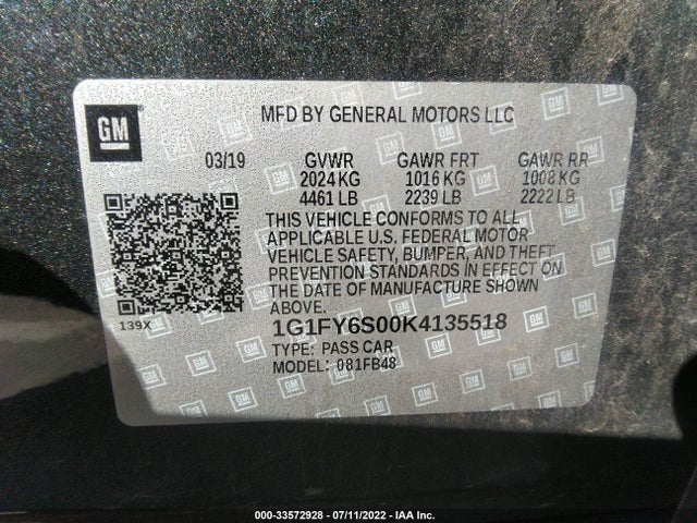2019 Chevrolet Bolt EV, VIN: 1G1FY6S00K4135518