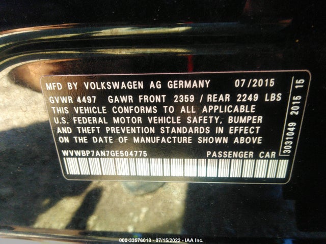2016 Volkswagen CC, VIN: WVWBP7AN7GE504775
