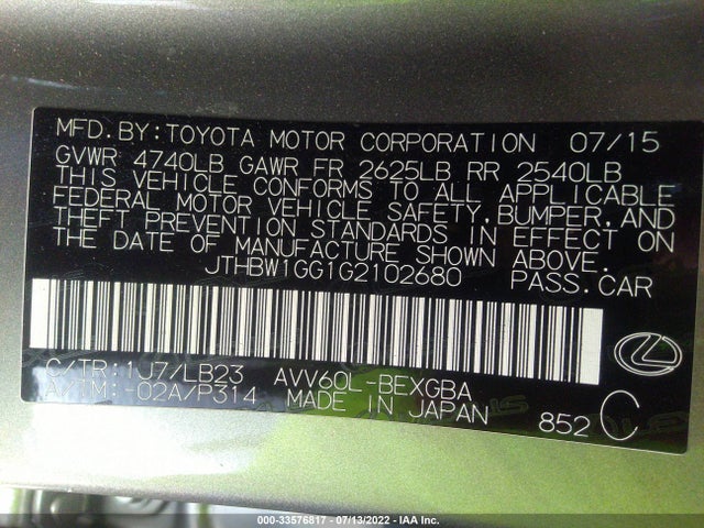 2016 Lexus ES, VIN: JTHBW1GG1G2102680