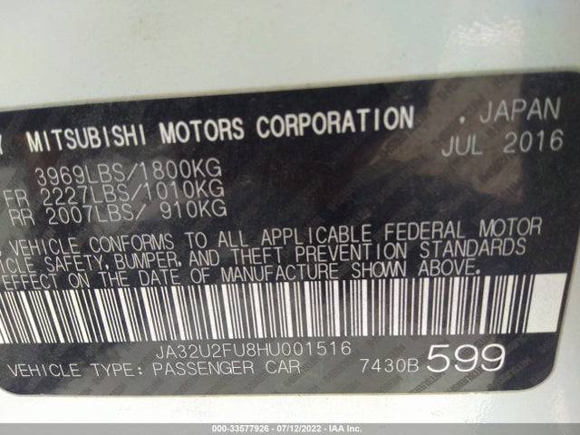 2017 Mitsubishi Lancer, VIN: JA32U2FU8HU001516