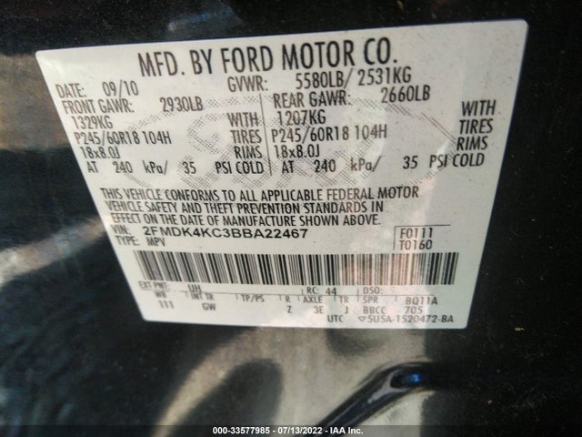 2011 FORD EDGE LIMITED VIN: 2FMDK4KC3BBA22467