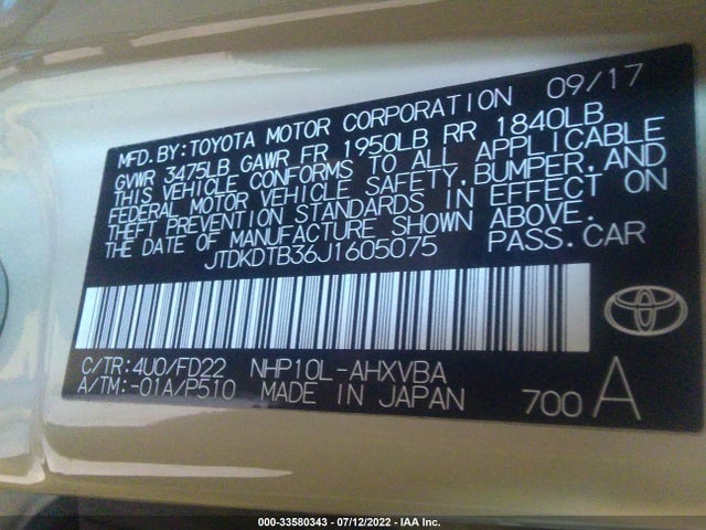 2018 Toyota Prius, VIN: JTDKDTB36J1605075