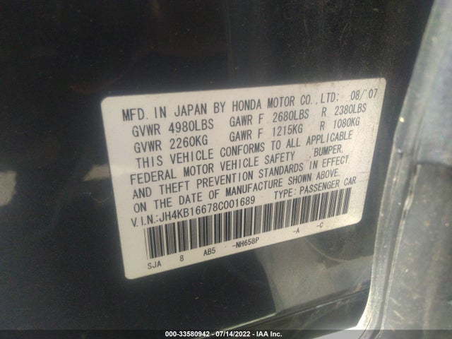 2008 ACURA RL TECH PKG/TECH/CMBS W/PAX VIN: JH4KB16678C001689