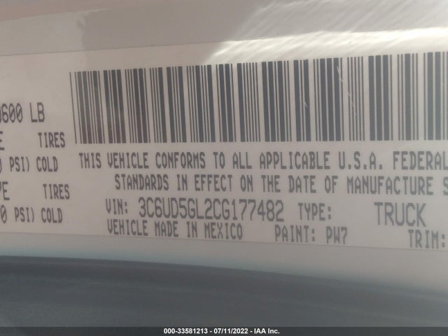 2012 RAM 2500 LARAMIE LONGHORN VIN: 3C6UD5GL2CG177482