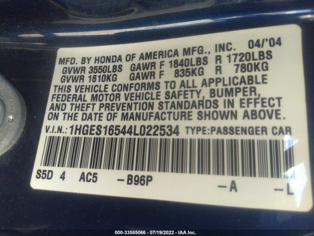 2004 HONDA CIVIC LX VIN: 1HGES16544L022534