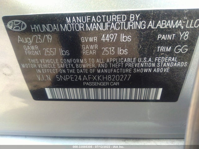2019 HYUNDAI SONATA SE VIN: 5NPE24AFXKH820277
