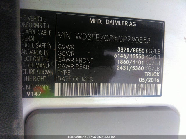 2016 Mercedes-Benz Sprinter, VIN: WD3FE7CDXGP290553