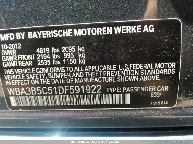 2013 BMW 3 SERIES 328I XDRIVE VIN: WBA3B5C51DF591922