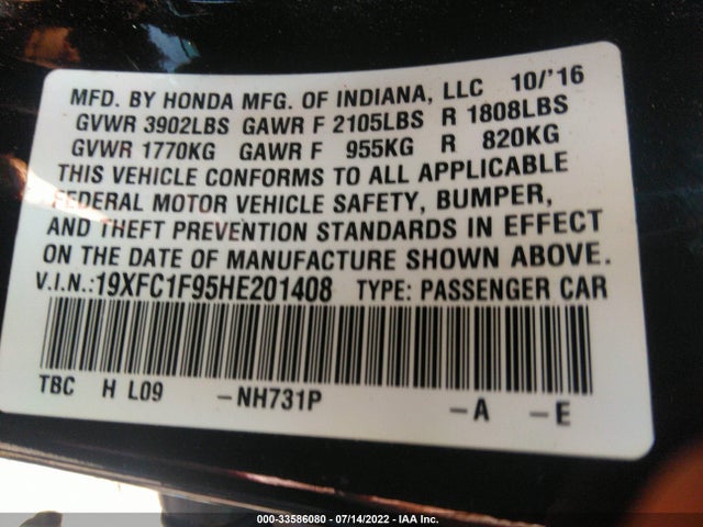 Honda Civic Sedan Touring 2017 19XFC1F95HE201408 Image 9