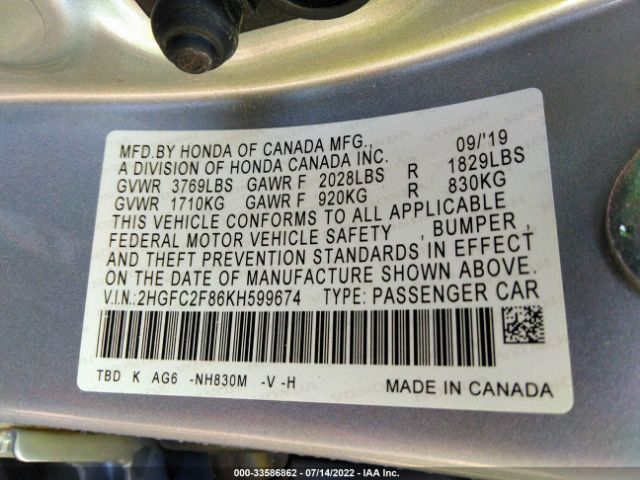 2HGFC2F86KH599674 Honda Civic Sedan Sport