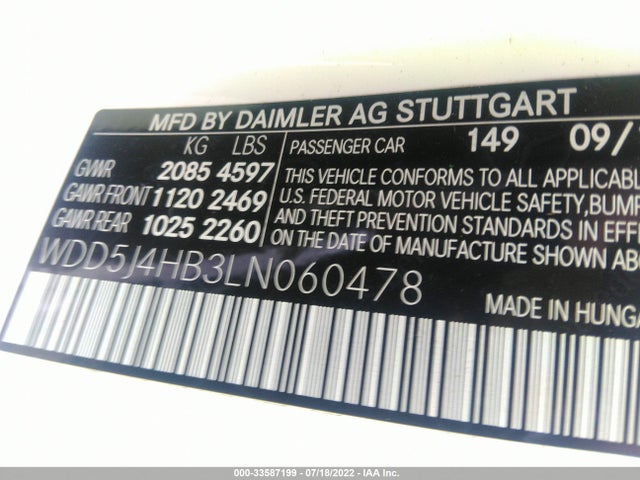 2020 Mercedes-Benz CLA-Class, VIN: WDD5J4HB3LN060478