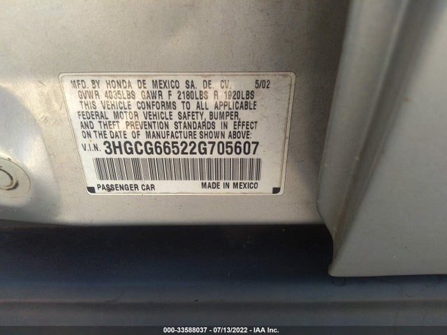 2002 HONDA ACCORD SDN LX VIN: 3HGCG66522G705607