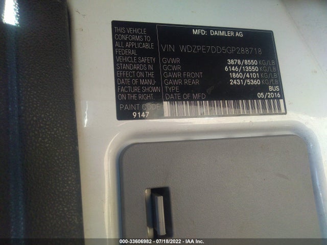 2016 Mercedes-Benz Sprinter, VIN: WDZPE7DD5GP288718