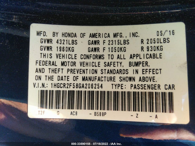 2016 HONDA ACCORD SEDAN SPORT VIN: 1HGCR2F58GA206254