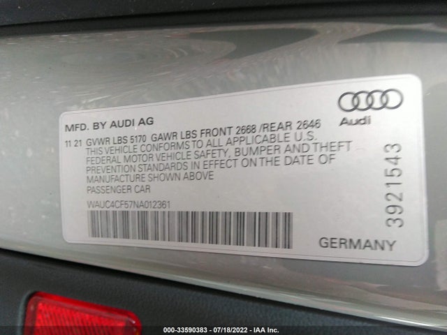 2022 Audi S5, VIN: WAUC4CF57NA012361