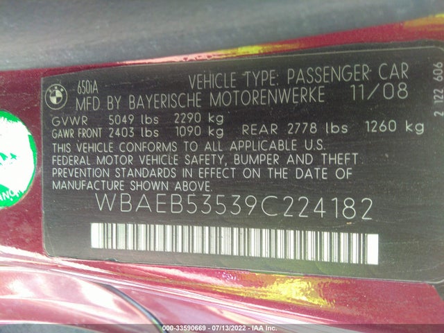 2009 BMW 6 SERIES 650I VIN: WBAEB53539C224182