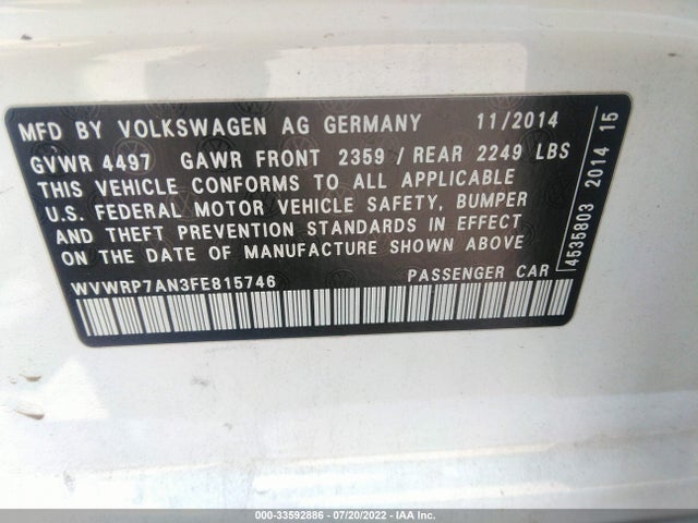 2015 Volkswagen CC, VIN: WVWRP7AN3FE815746