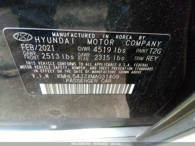 2021 Hyundai Sonata, VIN: KMHL54JJXMA031409
