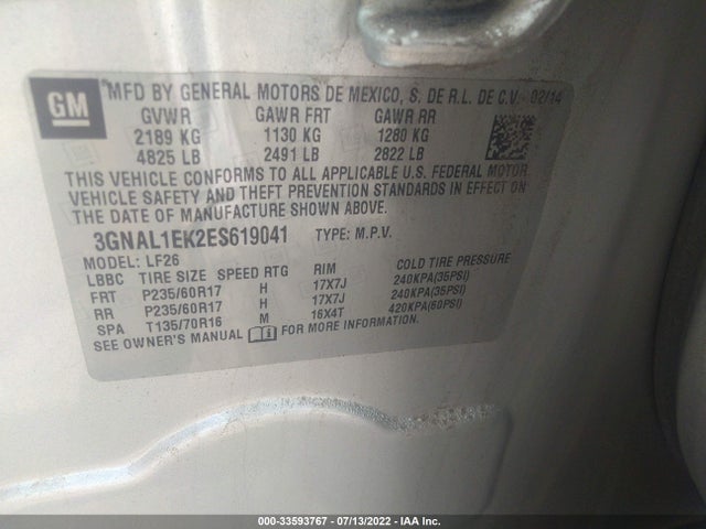 2014 Chevrolet Captiva Sport, VIN: 3GNAL1EK2ES619041